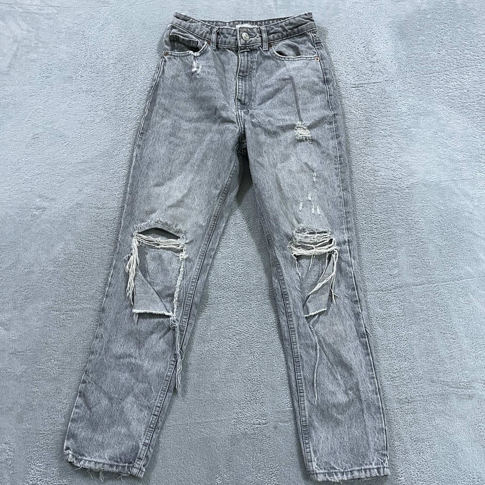 ZARA Jeans Womens 4 Slim Straight High Rise Gray Distressed Y2K Grunge Festival